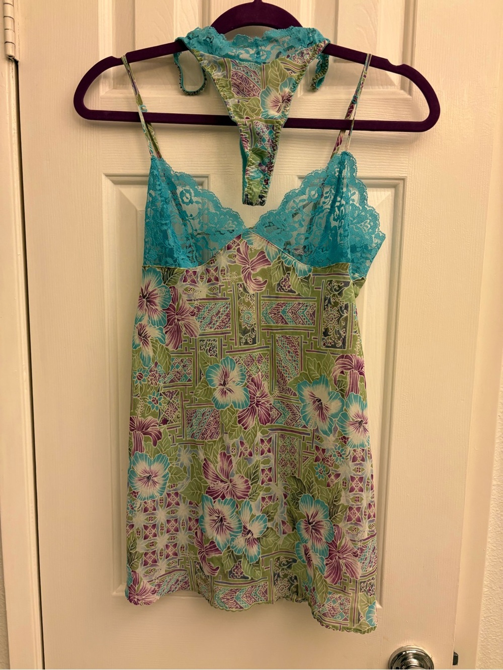 Victoria's Secret Turquoise Lace Floral Chemise with Thong